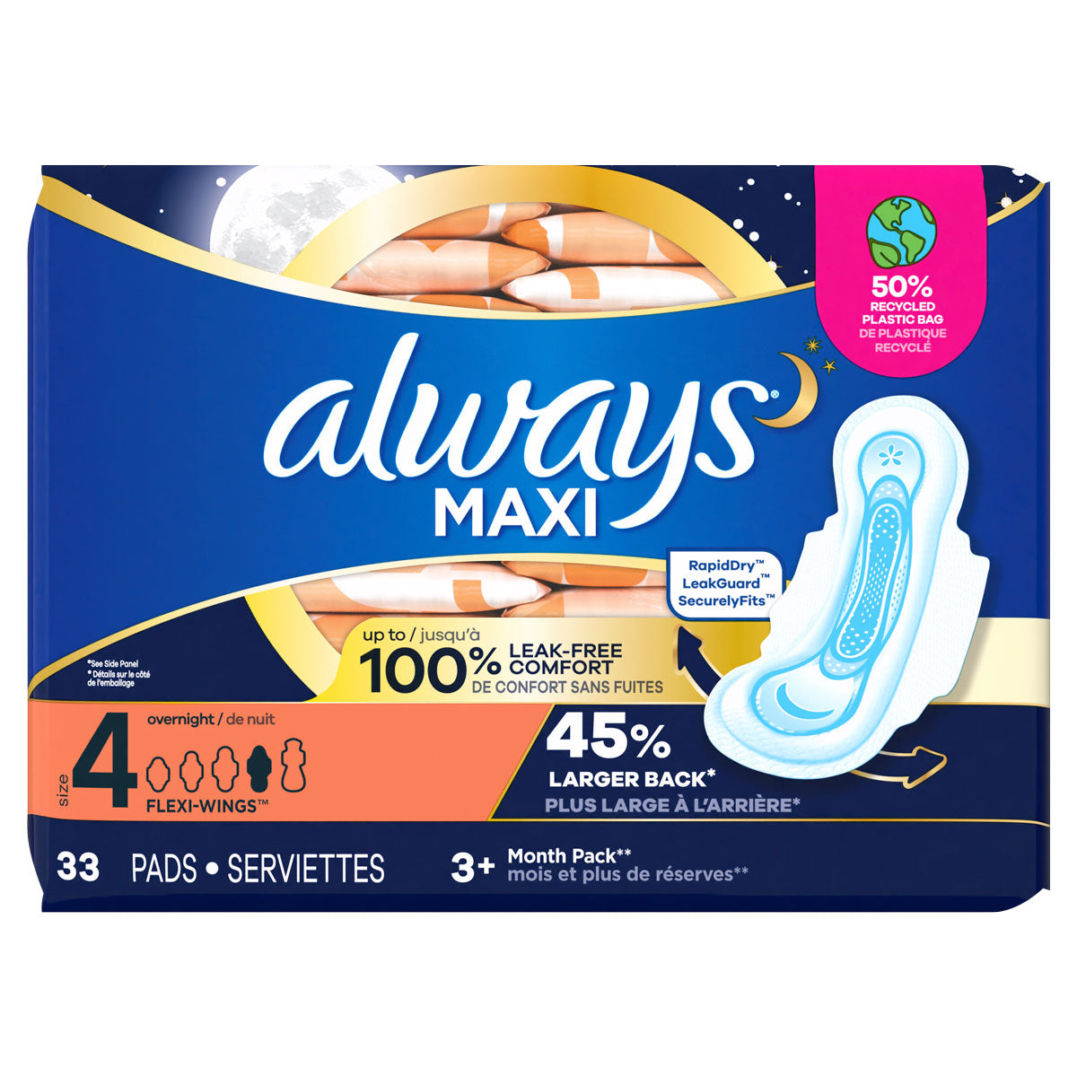 Always Maxi Size 4 Overnight Pads with Wings, Unscented