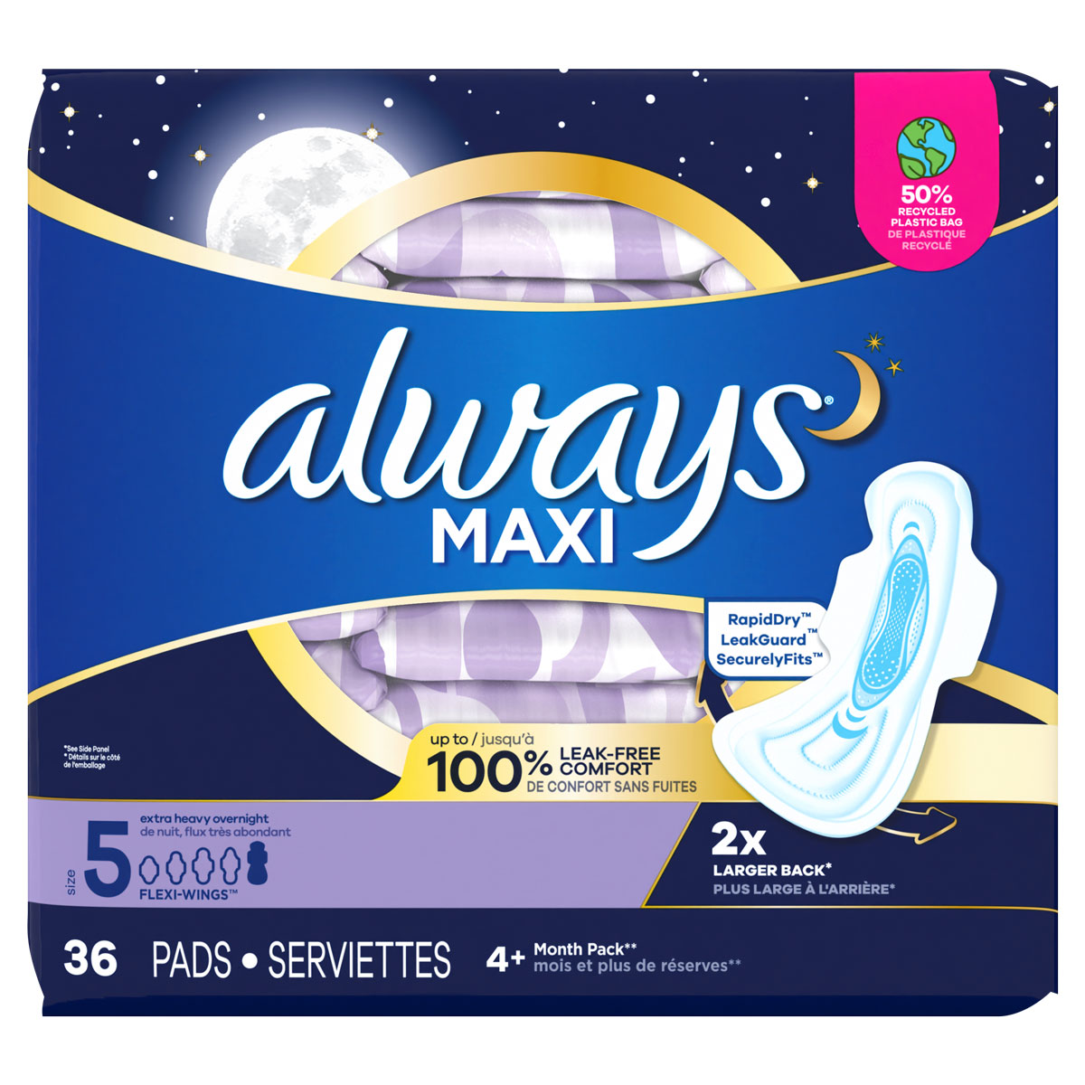 Always Maxi Size 5 Extra Heavy Overnight Pads with Wings, Unscented