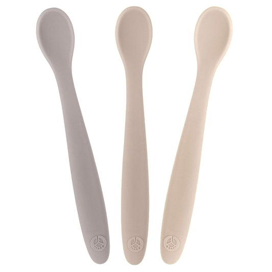 WeeSprout Stage 1 Silicone Baby Spoons - Matte Dark Grey, Off White & Tan