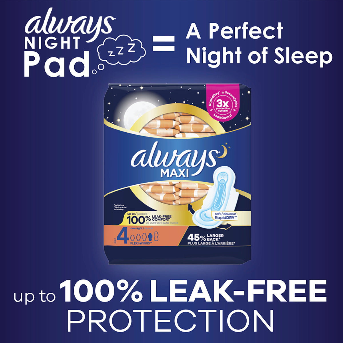 Always Maxi Size 4 Overnight Pads with Wings, Unscented